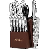 Astercook Knife Set, 15-Piece Kitchen Knife Set with Block, Built-in Knife Sharpener, German Stainless Steel Knife Block Set, Dishwasher Safe