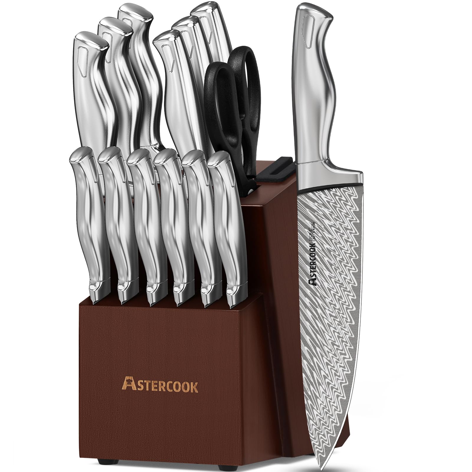 Photo 1 of Astercook Knife Set, 15-Piece Kitchen Knife Set with Block, Built-in Knife Sharpener, German Stainless Steel Knife Block Set, Dishwasher Safe