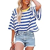 Dokotoo Tops for Women Striped 2026 Fashion T Shirts for Women Color Block Crewneck Design Loose Basic Tee