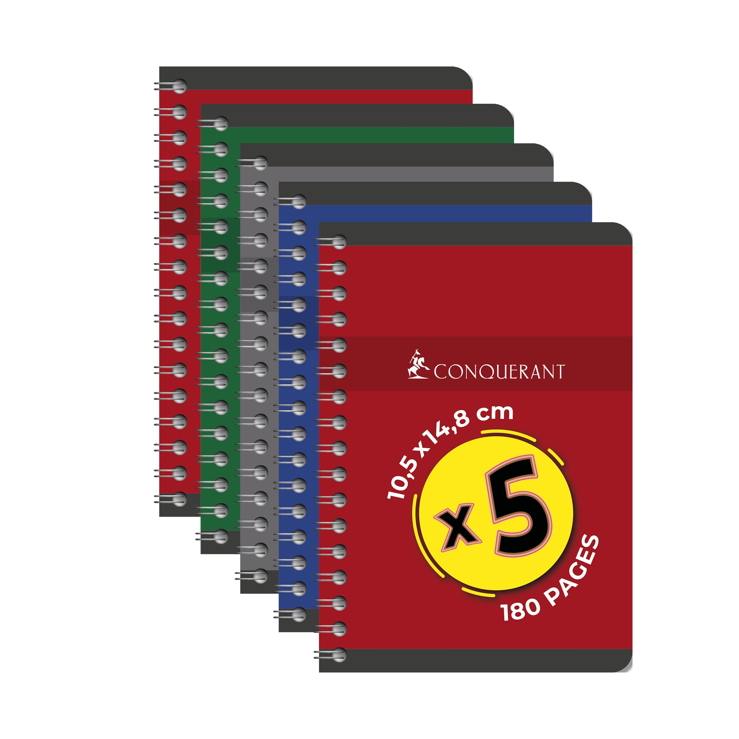 Conquérant Pack of 5 A5 Small Squared Notebooks 5 mm 180 Pages Spiral Bound Recycled Card Cover Assorted Colours