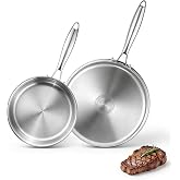 P&amp;P CHEF Stainless Steel Frying Pan, 8+10&rdquo; Skillet for Cooking, 2 Pcs | Tri-ply Stainless Steel Induction Cooking Pan with 2 Pan Protector, Dishwasher Safe &amp; Even Heat, Removable Handles