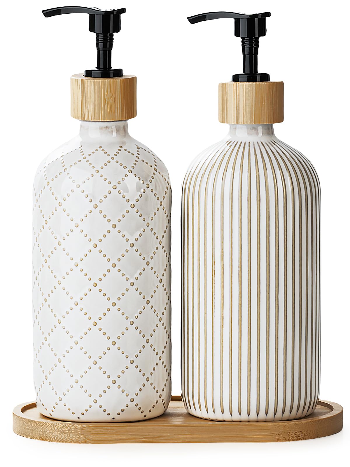 Photo 1 of Getstar Hand and Dish Soap Dispenser Set, Ceramic Soap Dispenser for Bathroom and Kitchen with Rust Proof Pump and Tray, Set of 2 (Black Pump)