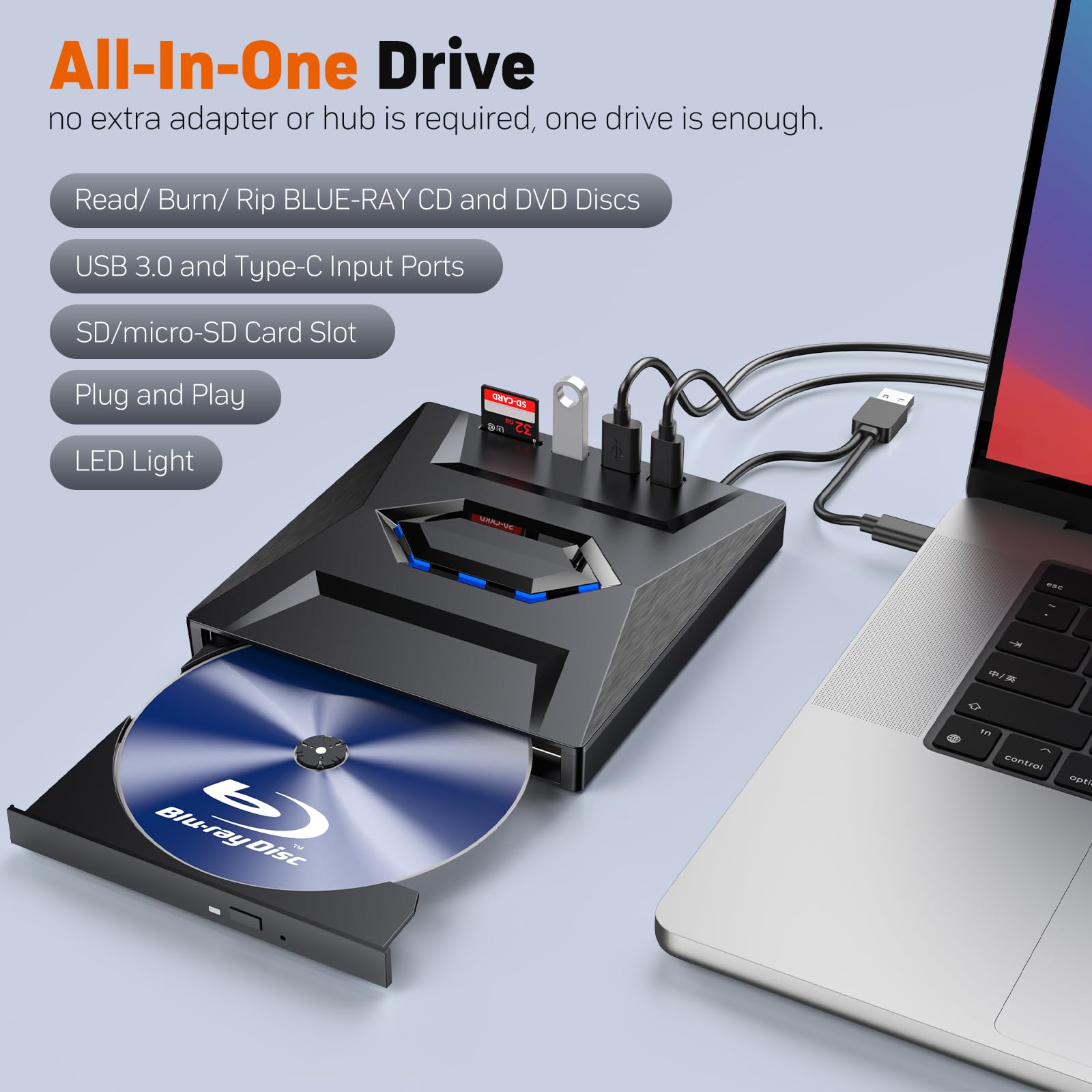 External Blu Ray Drive,Portable Bluray Player Writer Reader,CD Burner with USB 3.0 typc C Port& SD Card,DVD & CD-ROM +/-RW,External Blu-Ray Drives for PC Laptop Desktop Windows Mac Linux Computer