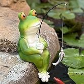 Garden Frog Pond Statue Decoration, Fishing Frog Garden Statue Outdoor Koi Pond or Waterfall Decor, 9.5" Frog Figurine Fishing Poolside Statue, Frog Gifts for Mom