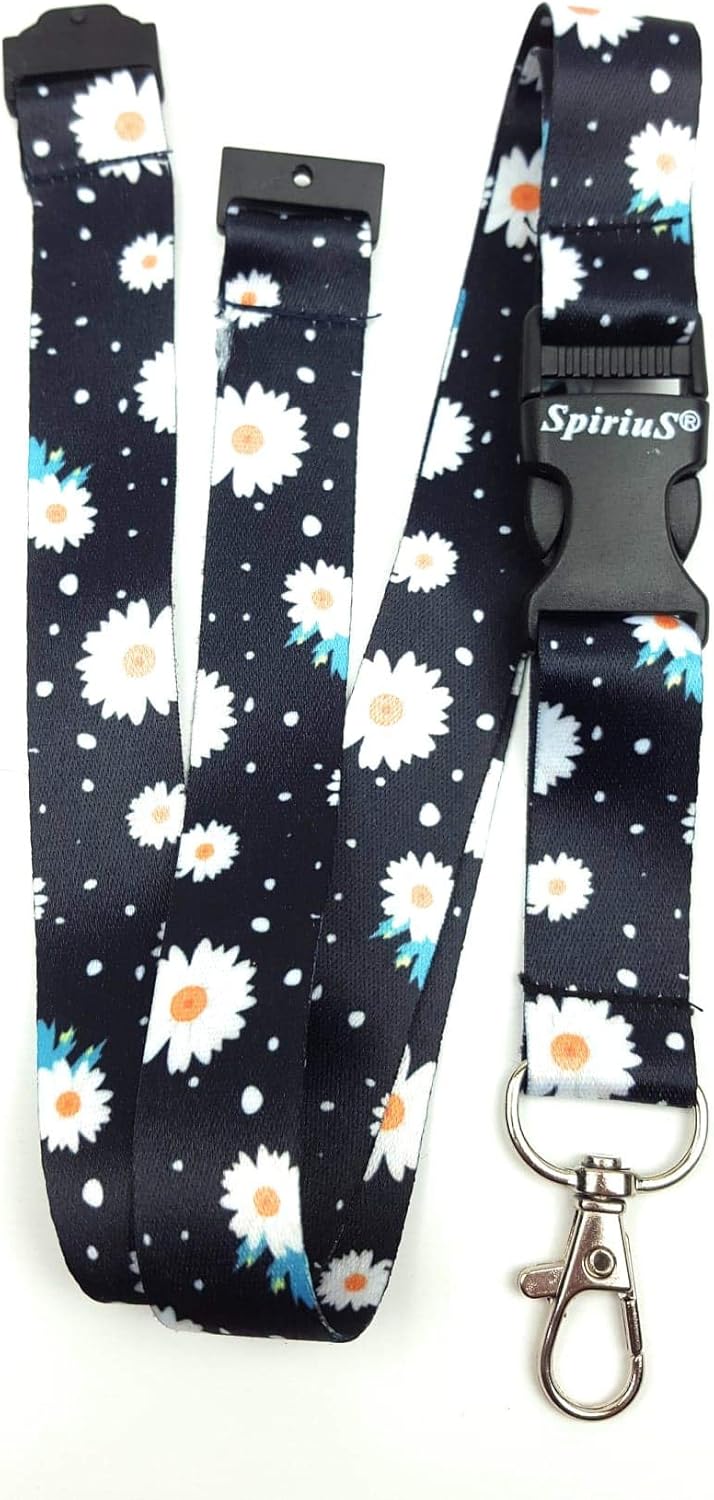SpiriuS Breakaway Lanyard neck strap for women for id card badge holder with metal clip 2cmx43cm (daisies flowers black)