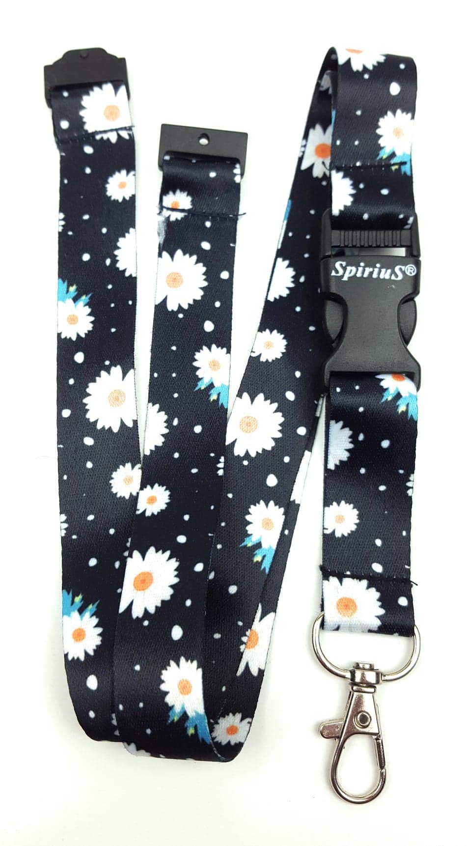 SpiriuS Breakaway Lanyard neck strap for women for id card badge holder with metal clip 2cmx43cm (daisies flowers black)