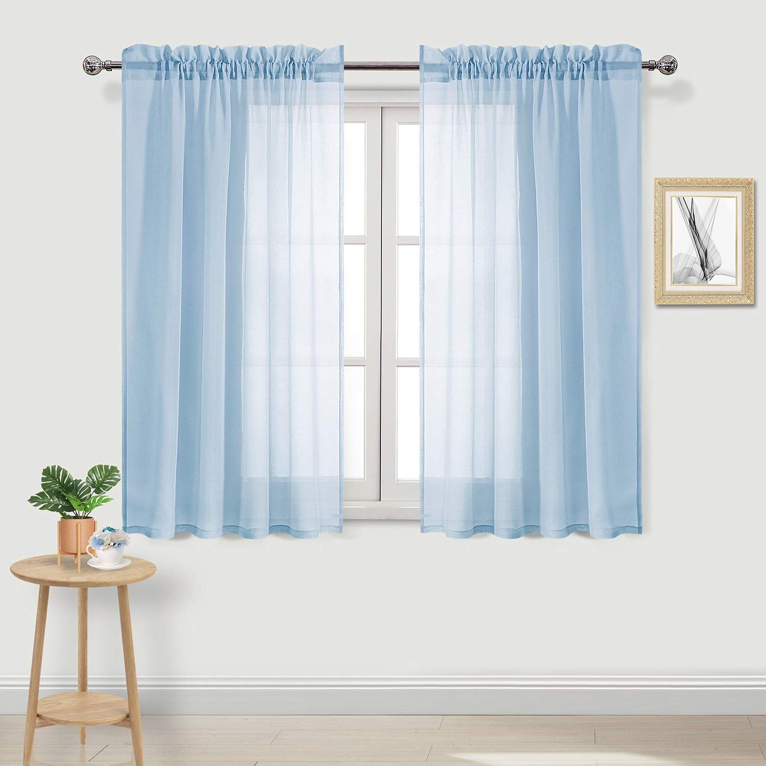 DWCN Sky Blue Sheer Curtains Semi Transparent Voile Rod Pocket Curtains for Bedroom and Living Room, 52 x 45 inches Long, Set of 2 Panels