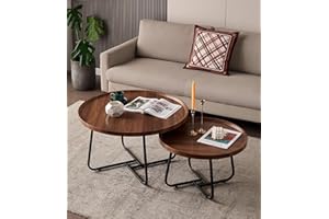 GTIWROTN Round Coffee Tables Living Room Set of 2, Nesting Walnut Coffee Table with Fluted, End Tables for Bedroom Office Balcony Yard (28"+20" Round Walnut)