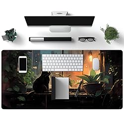 Black Cat Desk Mat Green Plants Desk Pad Anime