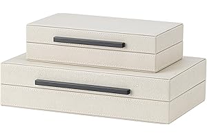 Set of 2 Beige Shagreen Decorative Storage Boxes with Black Metal Handles – Faux Leather Jewelry & Memory Boxes, Nesting Phot