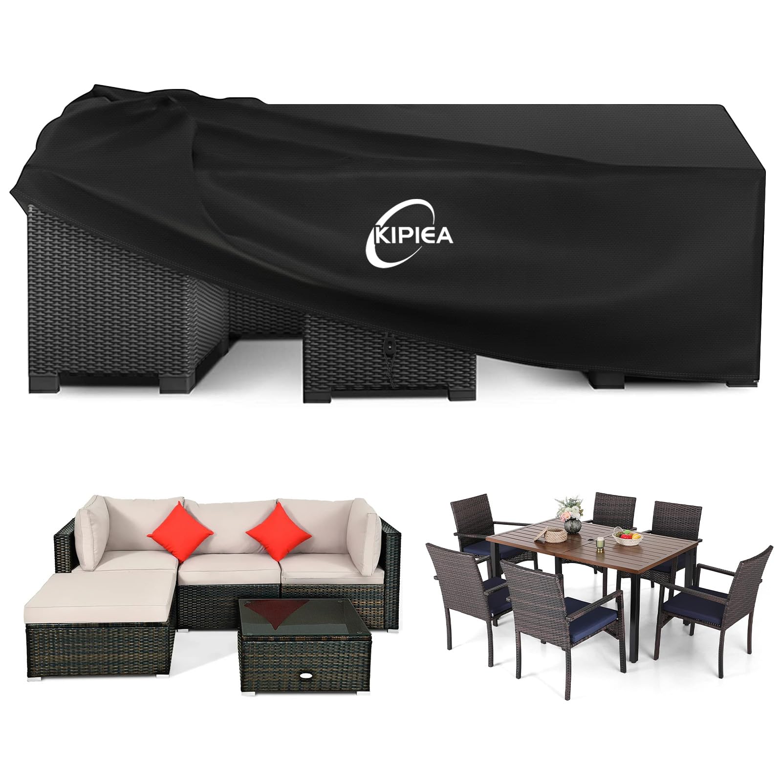 Kipiea Rattan Garden Furniture Covers Waterproof, Rectangular Patio Set Cover for Table & Chairs, Outdoor Furniture Covers 420D Oxford Fabric Windproof, Anti-UV, No Tears, No Fade - 198 x 147 x 71cm