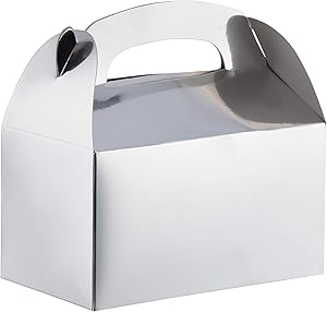 Party Treat Boxes - 24-Pack Silver Metallic Foil Gable Gift Boxes for Party Favors, Small Goodie Candy Boxes for Wedding, Birthday, Silver, 6.2 x 3.6 x 3.4 Inches
