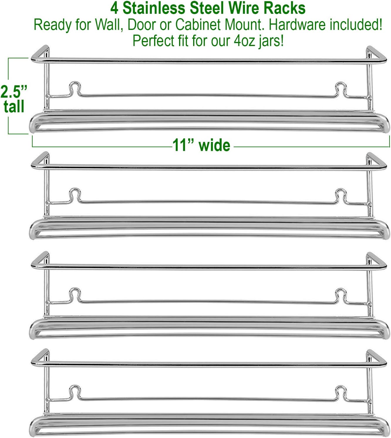 4 Spice Racks with 24 Glass Spice Jar & 2 Types of Printed Spice Labels by Talented Kitchen. Complete Set: 4 Wall Mount Stainless Steel Racks, 24 Square Empty Glass Jars 4oz, Chalkboard & Clear Label: Home Improvement