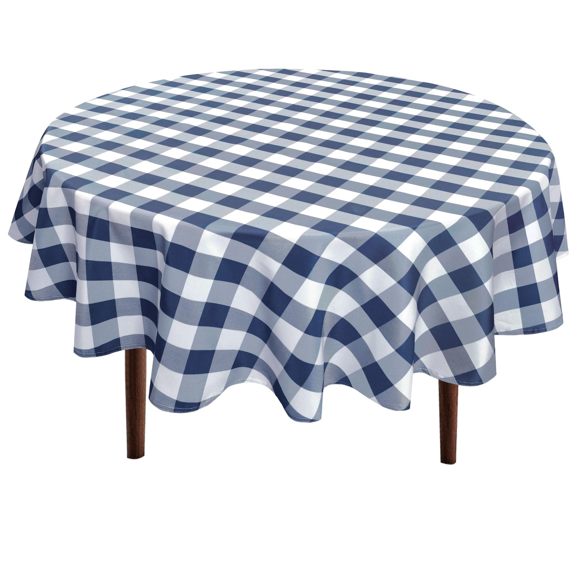Hiasan Checkered Round Tablecloth 120 Inch - Waterproof Stain and Wrinkle Resistant Washable Fabric Table Cloth for Dining Room Party Outdoor Picnic, Navy Blue and White Image