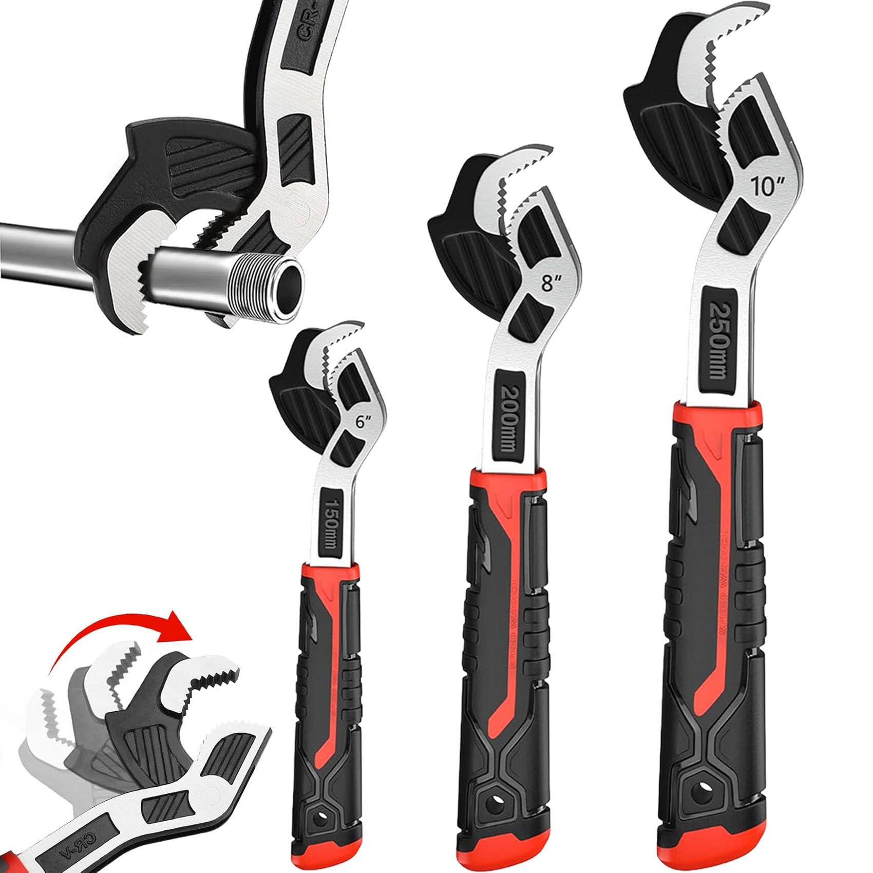 Photo 1 of * only comes with two *
Rhevosil 6” 8” 10” Multi-function Self-locking Pipe Wrench Set, Chromium Vanadium Steel,Plumbers Wrench with Self Tightening Function for 9/32”-1 3/8” (7-35mm) Pipe Fittings and Nuts (1set)