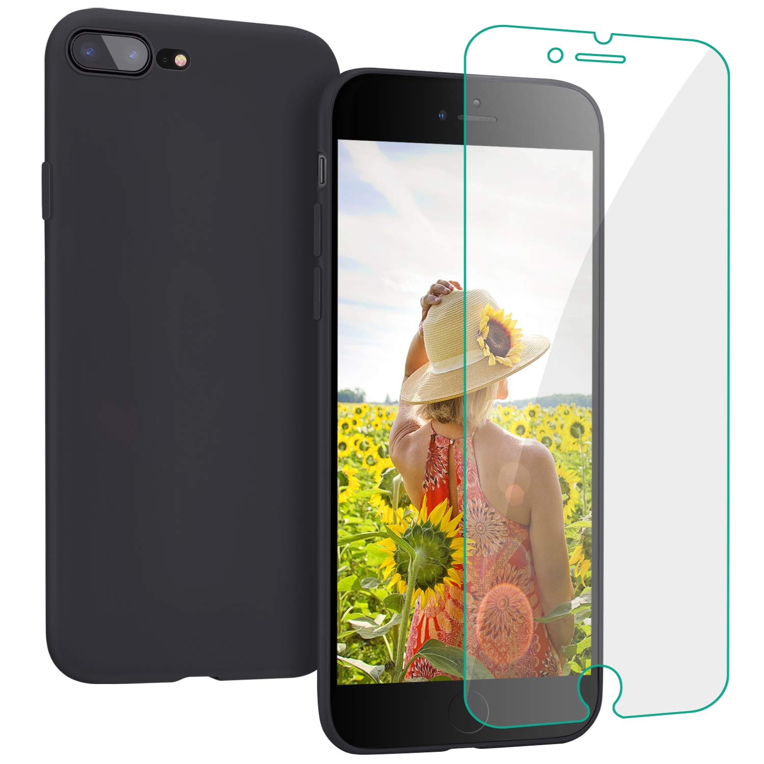 ProBien Coque pour iPhone 7 Plus / 8 Plus, Silicone Ultra Fine Housse avec Verre Trempé Gratuit Case Anti-Rayures Protection Complète Cover Mince Léger Étui de iPhone 7 Plus / 8 Plus - Noir