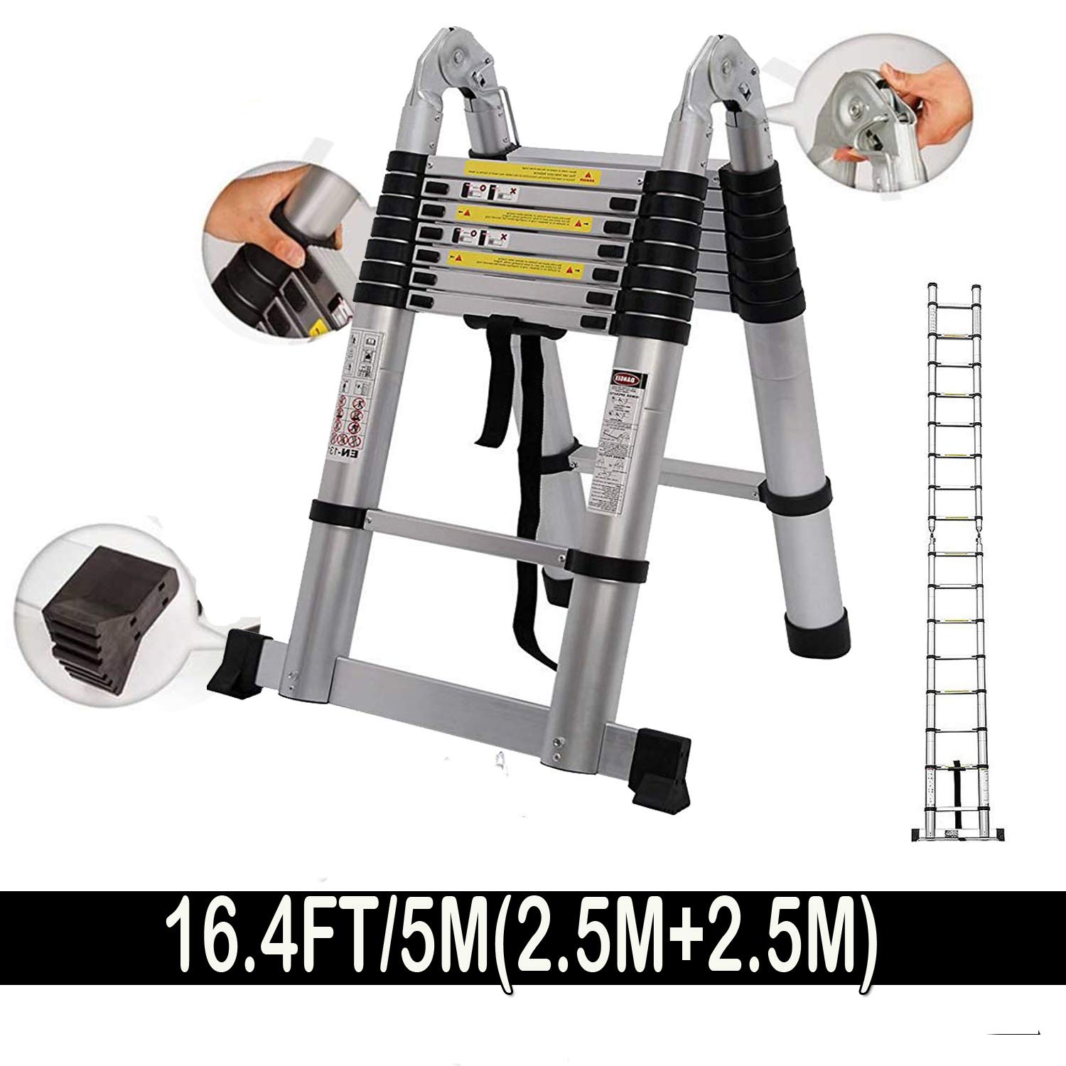 16.4FT Aluminum Telescopic Ladder Telescoping Extendable A-fram Multi Purpose Step Ladders Come with EN 131(8.2 FT + 8.2 FT),Folding Space-Saving