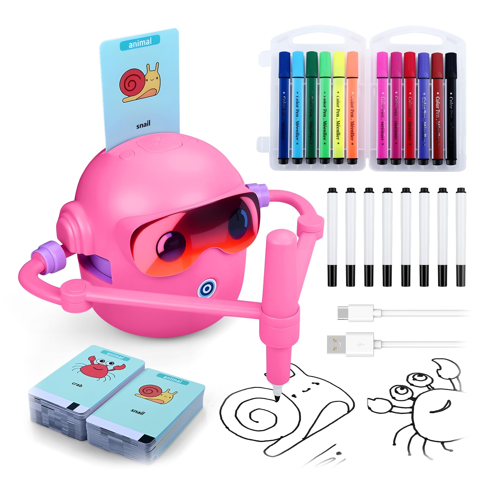 MMOBIEL Kids Drawing Robot Educational Robot Toy with 100 Drawing Cards, Voice Guidance, 12 Colorful Markers & USB-C Rechargeable Battery – Doodle Bot Creative Learning Gift for Ages 3-9 – Pink