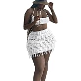 CALEBGAR Women 2 Piece Outfits Sexy Crochet Mini Dress Hollow Tassel Skirts Sets Summer Bandage Tube Tops