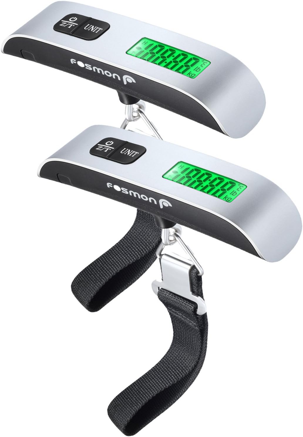  | Fosmon Digital Luggage Scale (2 Pack), LCD Display Backlight Temperature Baggage Scale w/ 110lbs Capacity, Portable Stainless Steel Hanging Luggage Weight Scale w/ Tare Function for Travelers - Silver | Luggage Scales