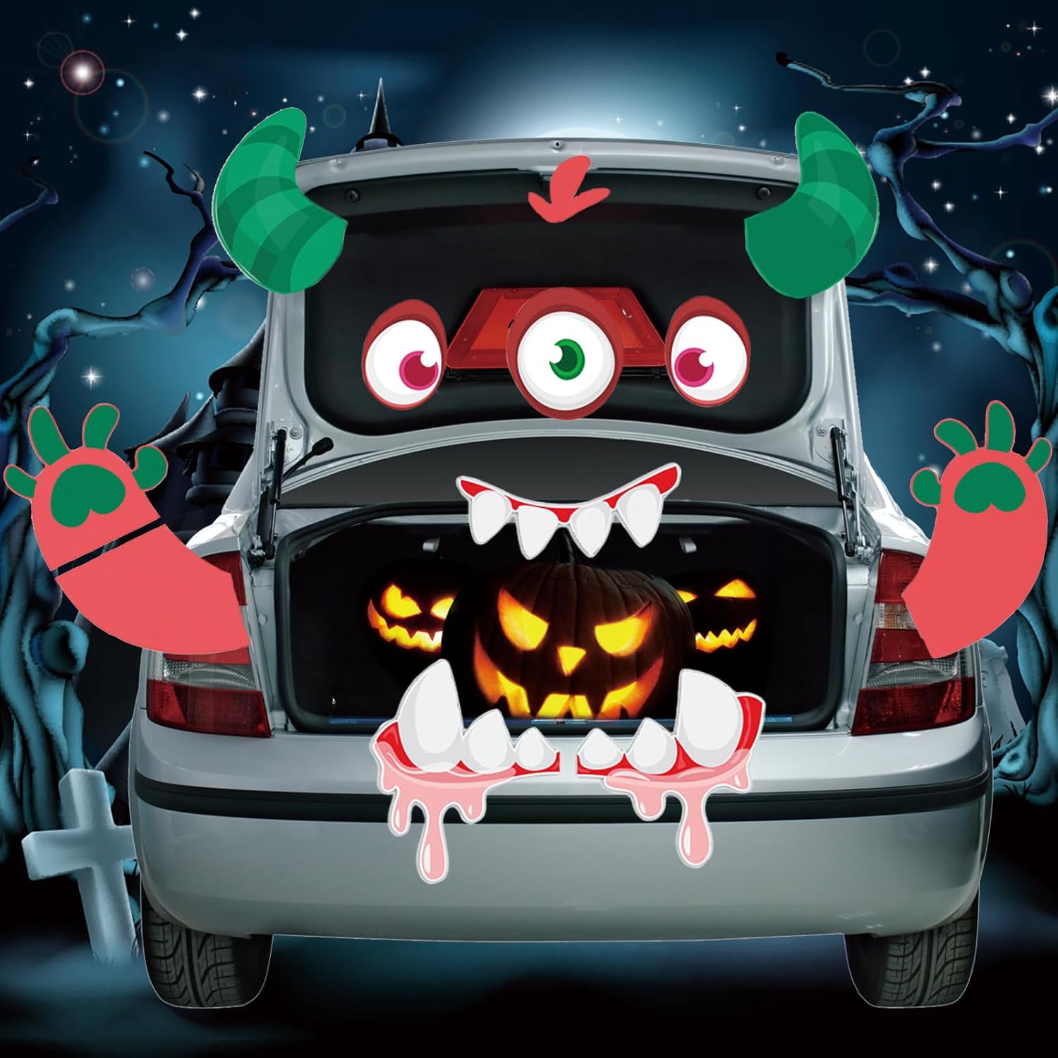 Garage Door Decorations - HmiL-U Trunk or Treat Car Decorations Kit | Halloween Car Decorations Monster Face with Huge Eyes,Hands,Horns,and Fangs Halloween Decorations for Car,Garage Door Party Supplies -Large Size