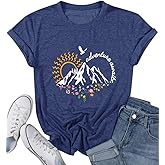 Adventure Awaits Shirts for Women Cute Sunrise Eagle Graphic Hiking T Shirts Outdoor Casual Short Sleeve Wildflower Tops