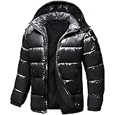 Uikue Men's Winter Puffer Jacket - Waterproof Shiny Quilted Coat Warm Thicken Ski Parka Insulated Outerwear with Hood