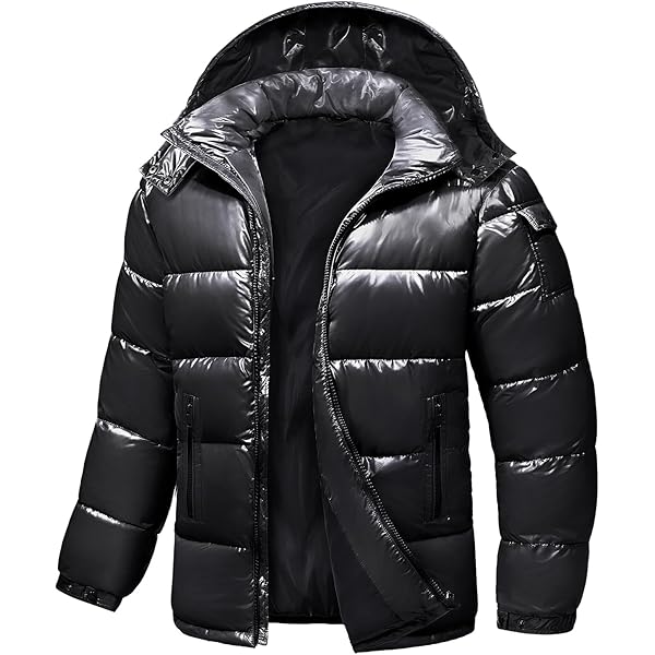 DGHM-JLMY Men's Glossy Padded Winter Hood Coat Metallic Full Zip