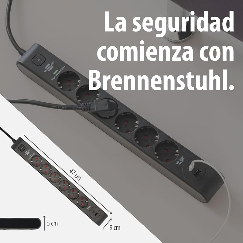 Regleta de enchufes Brennenstuhl de 6 tomas con USB y protección contra sobretensiones (regleta múltiple con 1x USB C PD 20 W para carga rápida y 1x USB A 20 W, interruptor, cable de 2 m) negro