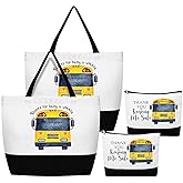 Abbylike 4 Pcs School Bus Driver Gifts Inspirational Canvas Tote Bags Makeup Bags with Zipper for Women Men Awesome Bus Driver Appreciation Day Gifts Thank You for Keeping Me Safe Back to School
