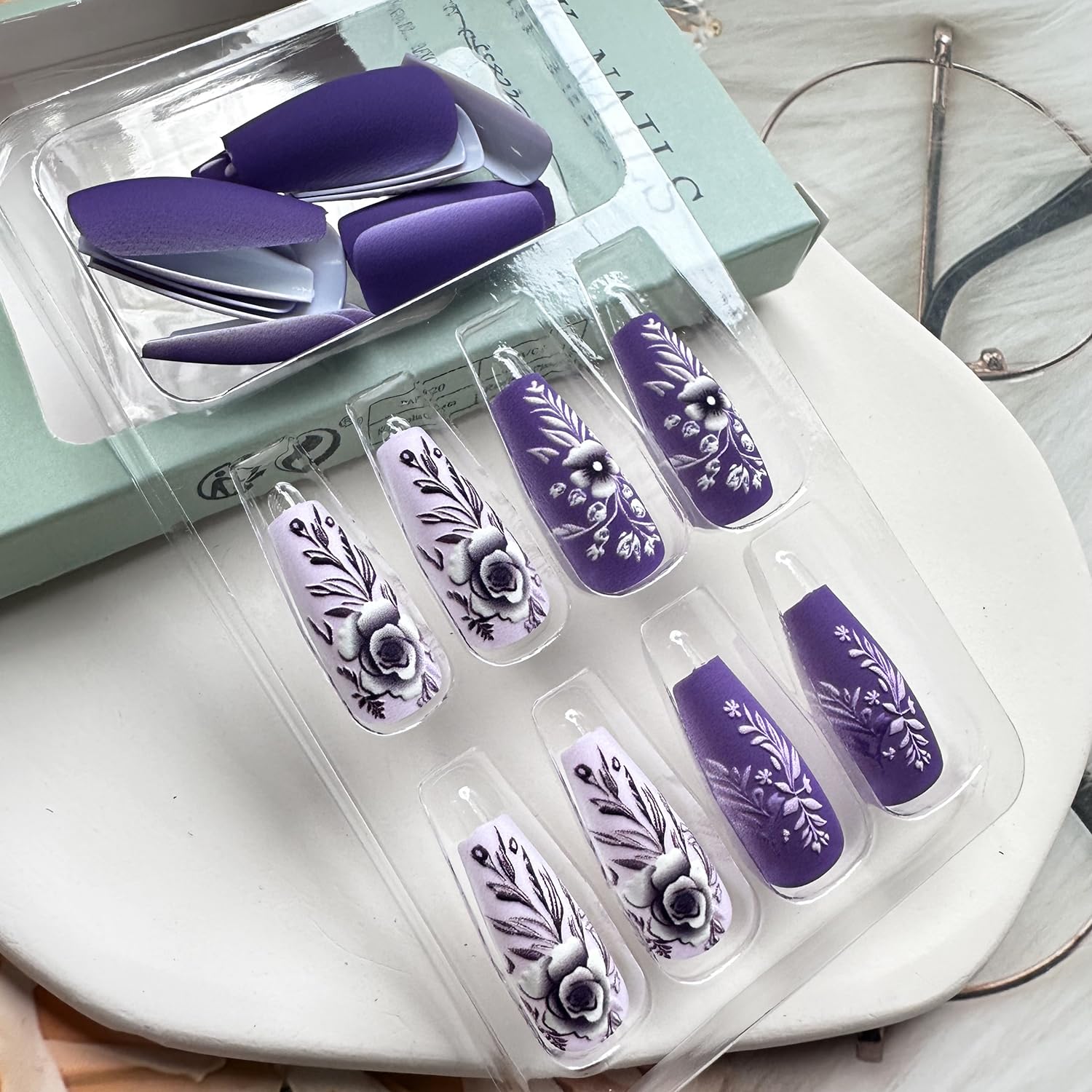 Medium Press on Nails Coffin Fake Nails Purple Acrylic Nails Medium Coffin Embossed Flowers Nails Press ons with Design Winter Press on Nails Matte Stick on Nails for Women Manicure Decorations 24 pcs - Image 5