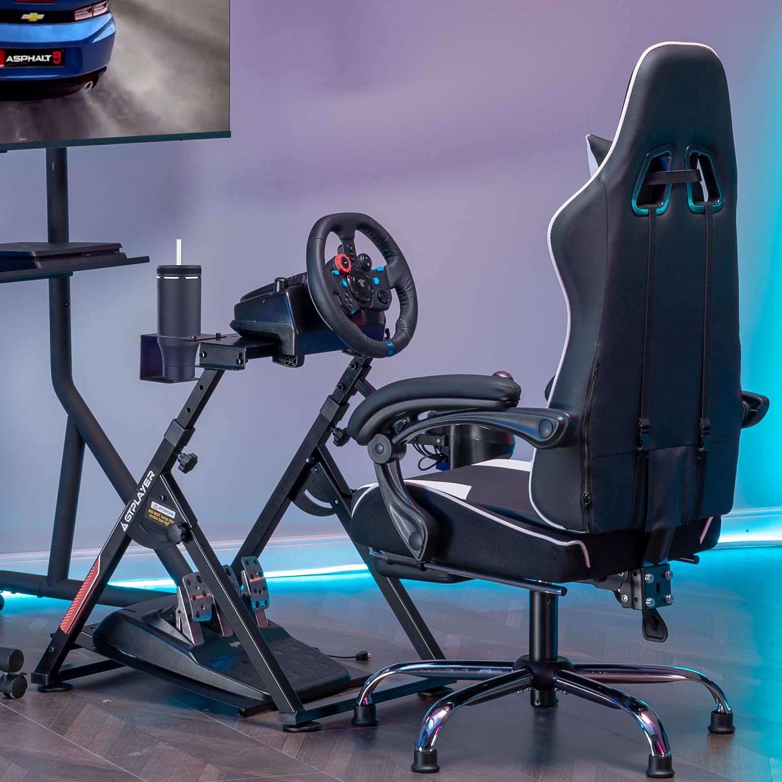 GTPLAYER Sim Racing Wheel Stand Simulator Cockpit Wheel Stand fit for Logitech G25 G27 G29 G920 G923 Thrustmaster T330TS Gaming Stand Wheel Pedals NOT Included, Deep Black With Cup Holder