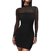 ANRABESS Womens Sexy Bodycon Mesh Ruched Mini Dresses Mock Neck Slim Fall Long Sleeve Cocktail Party Going Out Short Dress