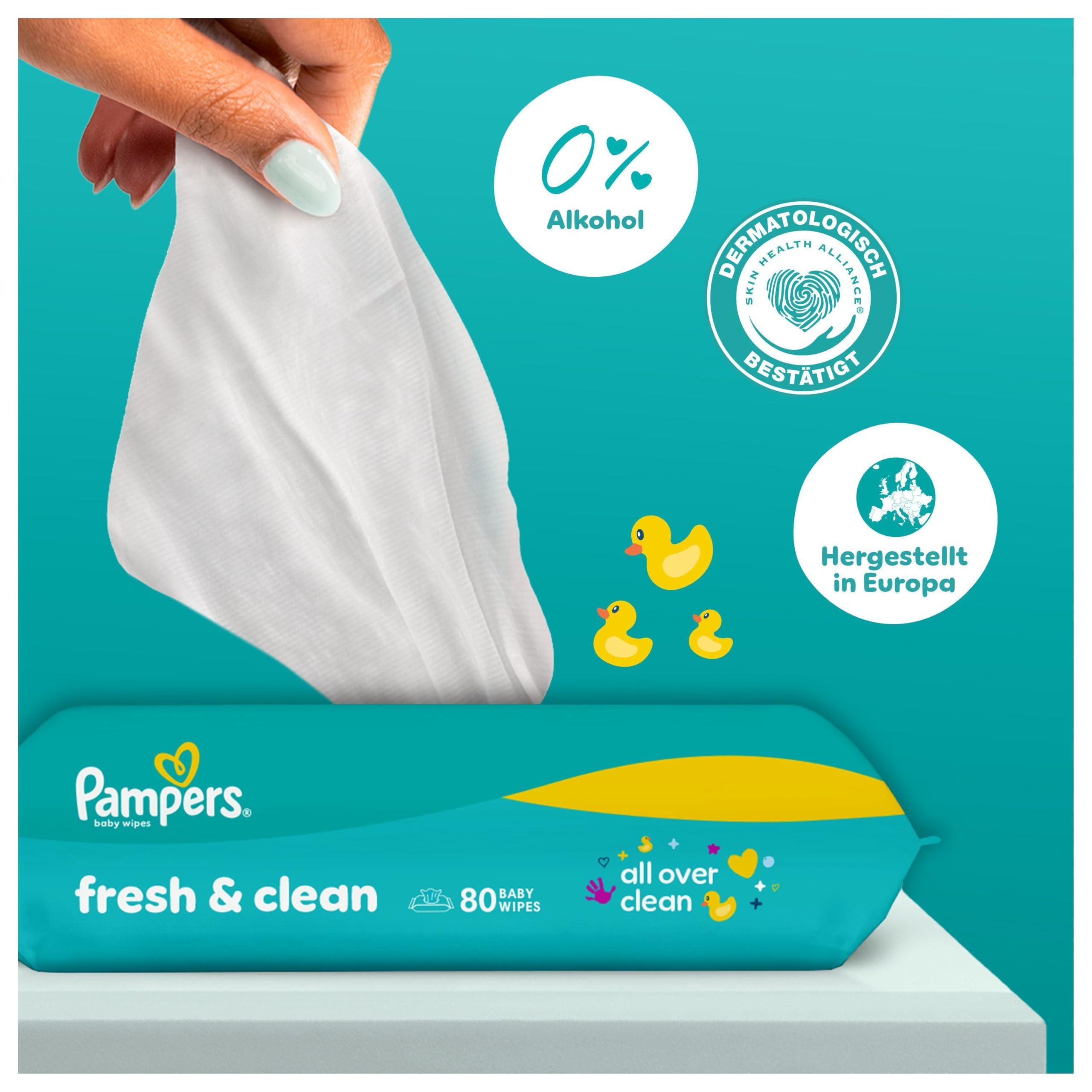 Pampers Fresh Clean Feuchttücher 15 Packungen mit 80 Stück, 1200 Feuchttücher, milder Duft, auch für Hände und Gesicht geeignet 4