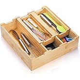 Okllen Bamboo Kitchen Drawer Organizer, Stackable 2-Tier Utensil Drawer Organizer Tray, Silverware Organizer Flatware Storage for Kitchen Cabinet, Pantry, Drawer, 5 Divided Compartments