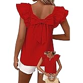Falechay Womens Bow Tie Back Tops Round Neck Ruffle Short Sleeve Shirts Cute Babydoll Chiffon Tee Women Summer Trendy Tunic