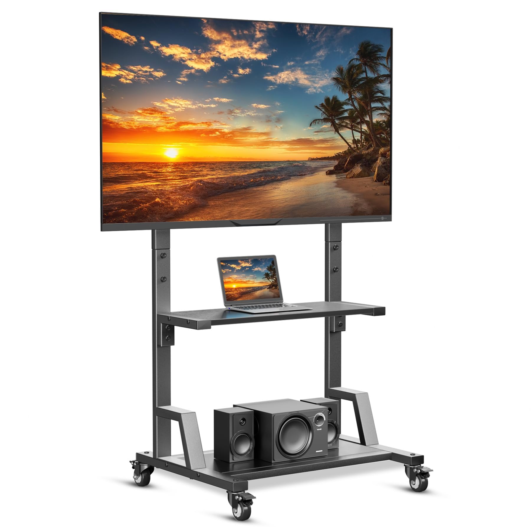 AENTGIU Rolling TV Stand for 32-75 Inch TVs, Mobile TV Stand on Wheels, Adjustable Height TV Cart with Wood Shelves, Floor Mount for Living Room, Bedroom, Office, Hold up to 150 lbs