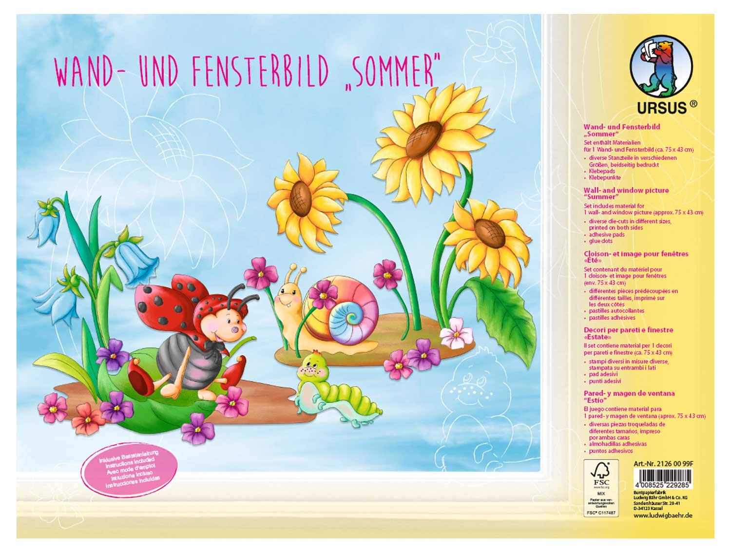 Ursus 21260099F Summer Wall and Window Decoration, 5 Punched Sheets Printed on Both Sides Approx. 24.8 x 33 cm with adhesive pads, adhesive dots and instructions (may not be in English)