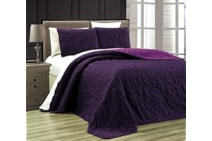 Grand Linen 3-Piece Tropical Coast Seashell Beach Queen Oversize Bedspread Dark Purple/Light Purple Reversible Coverlet Embossed Bed Cover Set. Sea Shells, Sea Horse, Starfish etc.