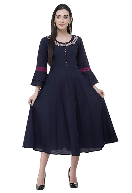 Women Stitched Embroidered Blue Cotton Anarkali Kurti