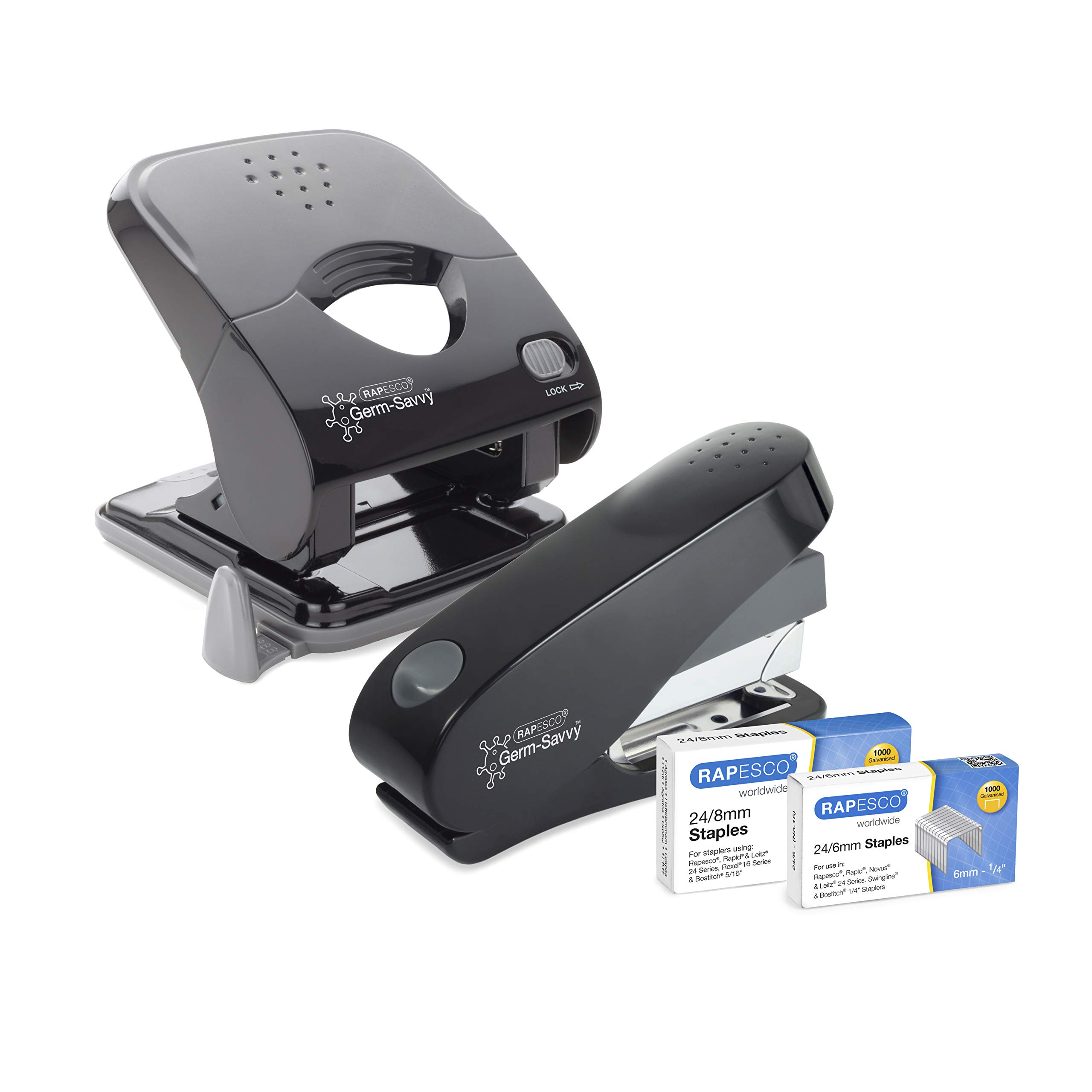 Rapesco 1623 Germ-Savvy Antibacterial, ECO Luna Less Effort Stapler & ECO X5-40ps Less Effort Hole Punch Set, Black — image 1