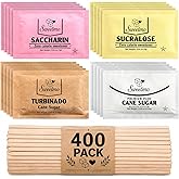 Sweetmo Sugar Packets Variety Pack - Sucralose, Raw Sugar, Saccharin, Cane Sugar with Wooden Stirrers - 400 Count for Coffee, Tea, Office Breakrooms, Home &amp; Airbnb