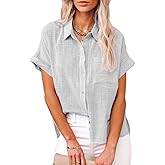 Paintcolors Women's Casual Short Sleeve Button Down Shirts Cotton Blouses V Neck Casual Tunics Solid Color Tops with Pockets