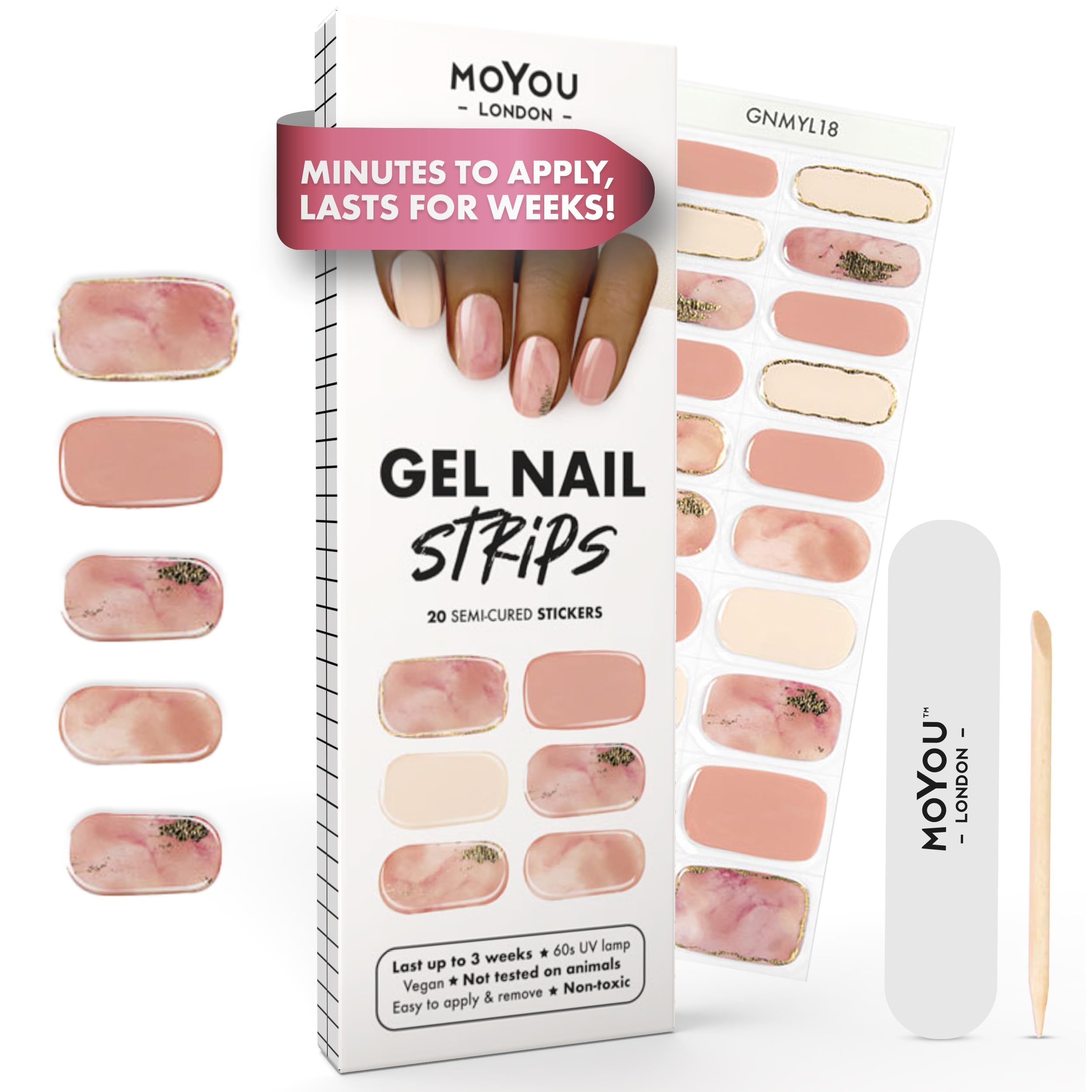 MOYOU LONDON Semi Cured Gel Nail Strips - 20 Pcs. Waterproof Gel Nail Wraps, Cures in Sunlight or UV/LED Lamp, Lasts Up to 2+ Weeks, Stretchable, Easy to Apply & Remove, Vegan & Cruelty-Free
