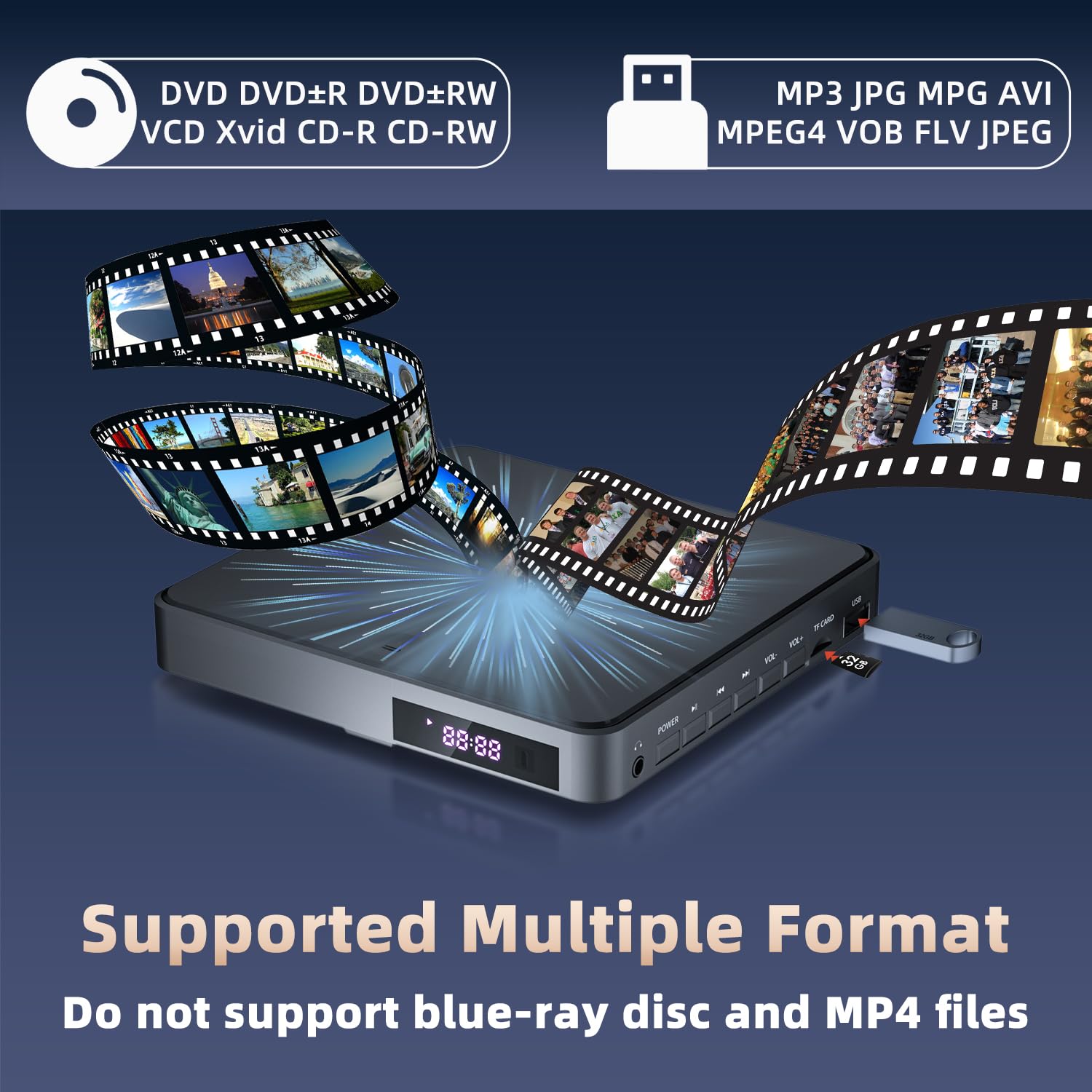 Desobry DVD Player für Fernseher, DVD-Player mit USB/TF-Eingängen, HDMI Wird mit HDMI/RCA-Kabel geliefert, Region Free, Fehlerkorrektur, Rauschunterdrückung 7