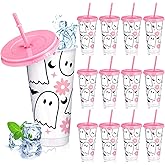 Reallnaive 12 Pcs Halloween Plastic Cups with Lids and Straws 24 oz Reusable Pink Halloween Tumbler Ghost Drinking Coffee Cup for Women Home Office Decoration Birthday Party Favors