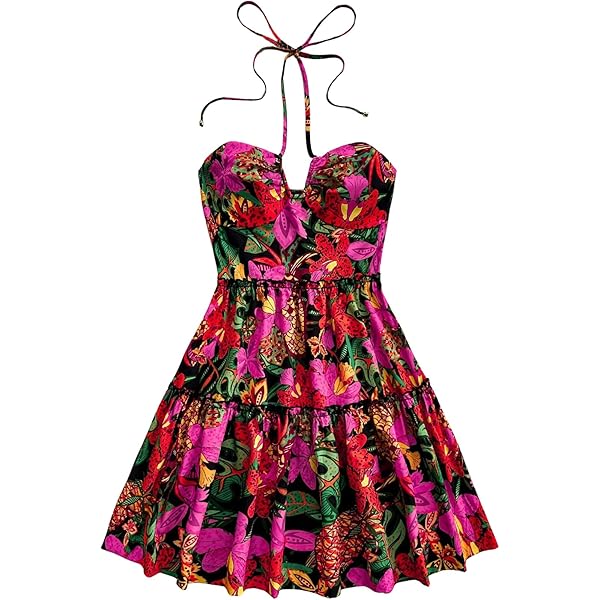 Floerns Women's Floral Print Sleeveless Halter Neck Tie Back Summer A Line  Dress Black X-Small at Amazon Women's Clothing store