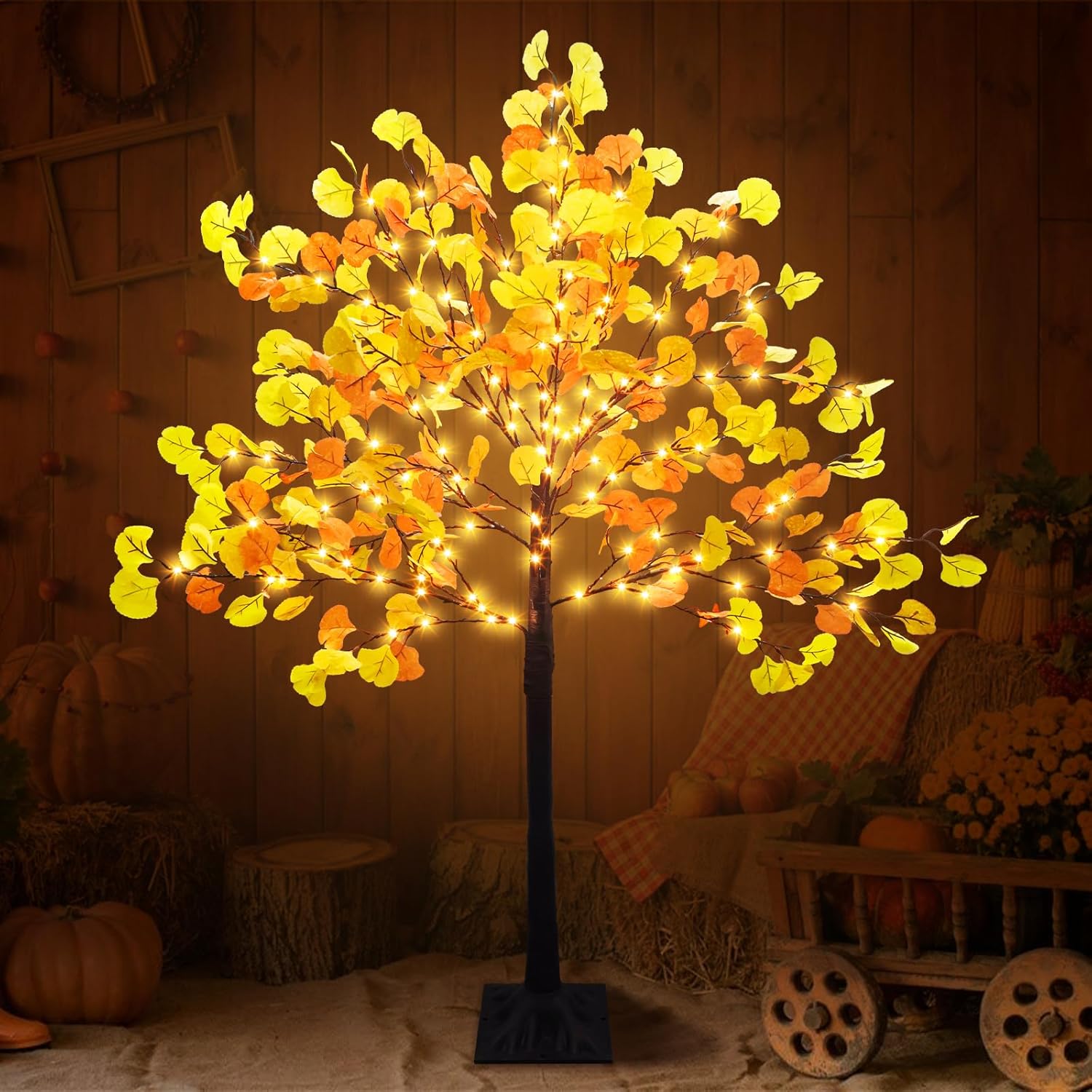 Trees - Ruidazon 4 FT Prelit Fall Lighted Ginkgo Tree with 140 LEDs Timer Fall Tree with Lights & 8 Flashing Modes Autumn Decoration for Home Wedding Indoor Outdoor Thanksgiving Halloween Christmas Decor