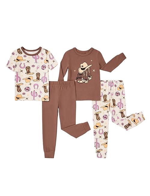 PATPAT Organic Cotton Baby Girls Pajama Sets with 4-Pieces, Snug fit Pjs for Toddler Kids, Supersoft & Stretchy Sleeper, Western Cutie, 12-18 Months