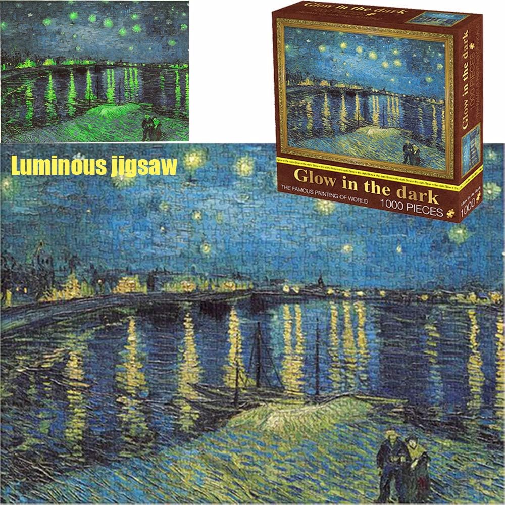 TINYOUTH 1000 Pieces Puzzle for Adults, 《Starry Night Over the Rhone》Museum Collection Jigsaw, 70x50CM 2mm Luminous Puzzle Famous Painting, Stress Reliever Staycation Kill time for Adults Kids 14+